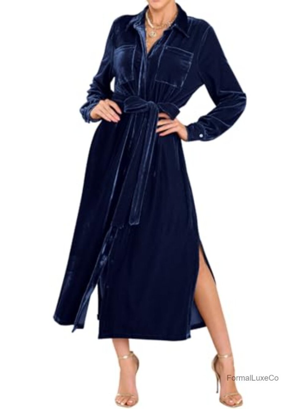 Women's Velvet Button Down Midi Shirt Dress with Belt